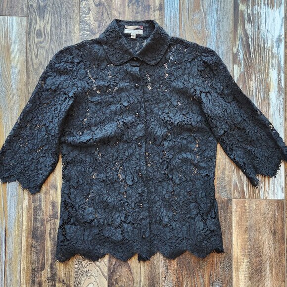 Burberry London Made in Italy Lace Eyelet Button-Front Top 3/4 Sleeve Black - Picture 3 of 8